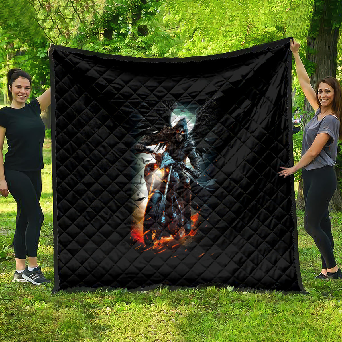 Flaming Skull Quilt Celestial Riders with Angel Wings - Wonder Print Shop