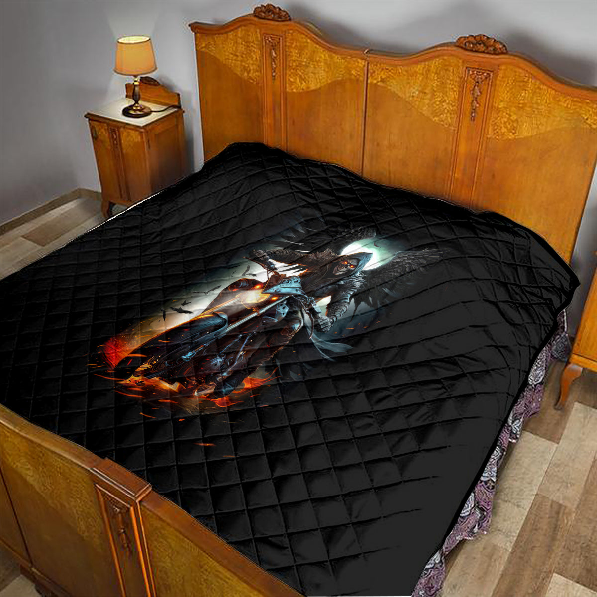 Flaming Skull Quilt Celestial Riders with Angel Wings - Wonder Print Shop