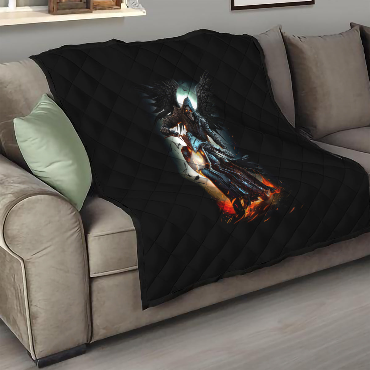 Flaming Skull Quilt Celestial Riders with Angel Wings - Wonder Print Shop