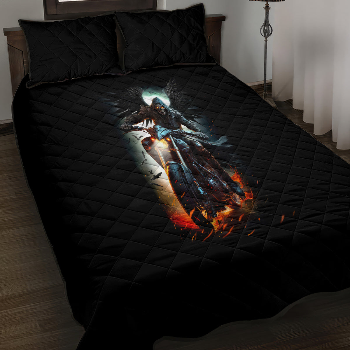 Flaming Skull Quilt Bed Set Celestial Riders with Angel Wings - Wonder Print Shop