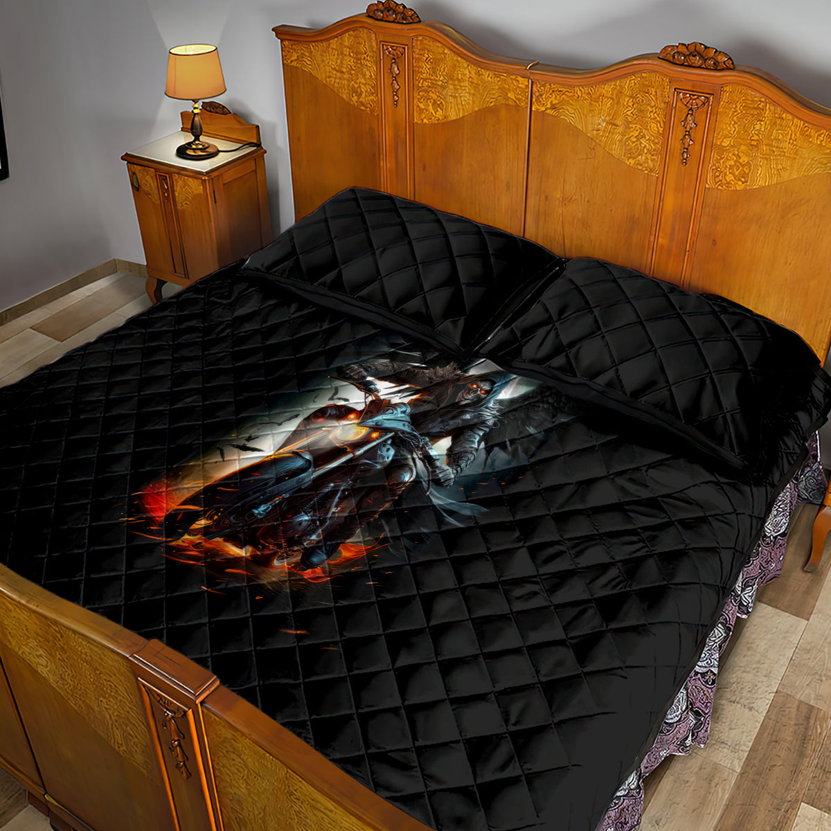 Flaming Skull Quilt Bed Set Celestial Riders with Angel Wings - Wonder Print Shop