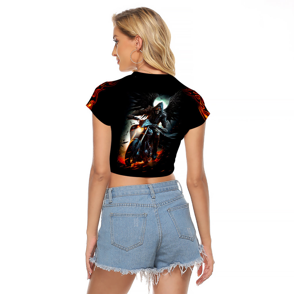 Flaming Skull Raglan Cropped T Shirt Celestial Riders with Angel Wings - Wonder Print Shop