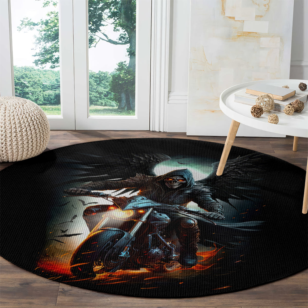 flaming-skull-round-carpet-celestial-riders-with-angel-wings