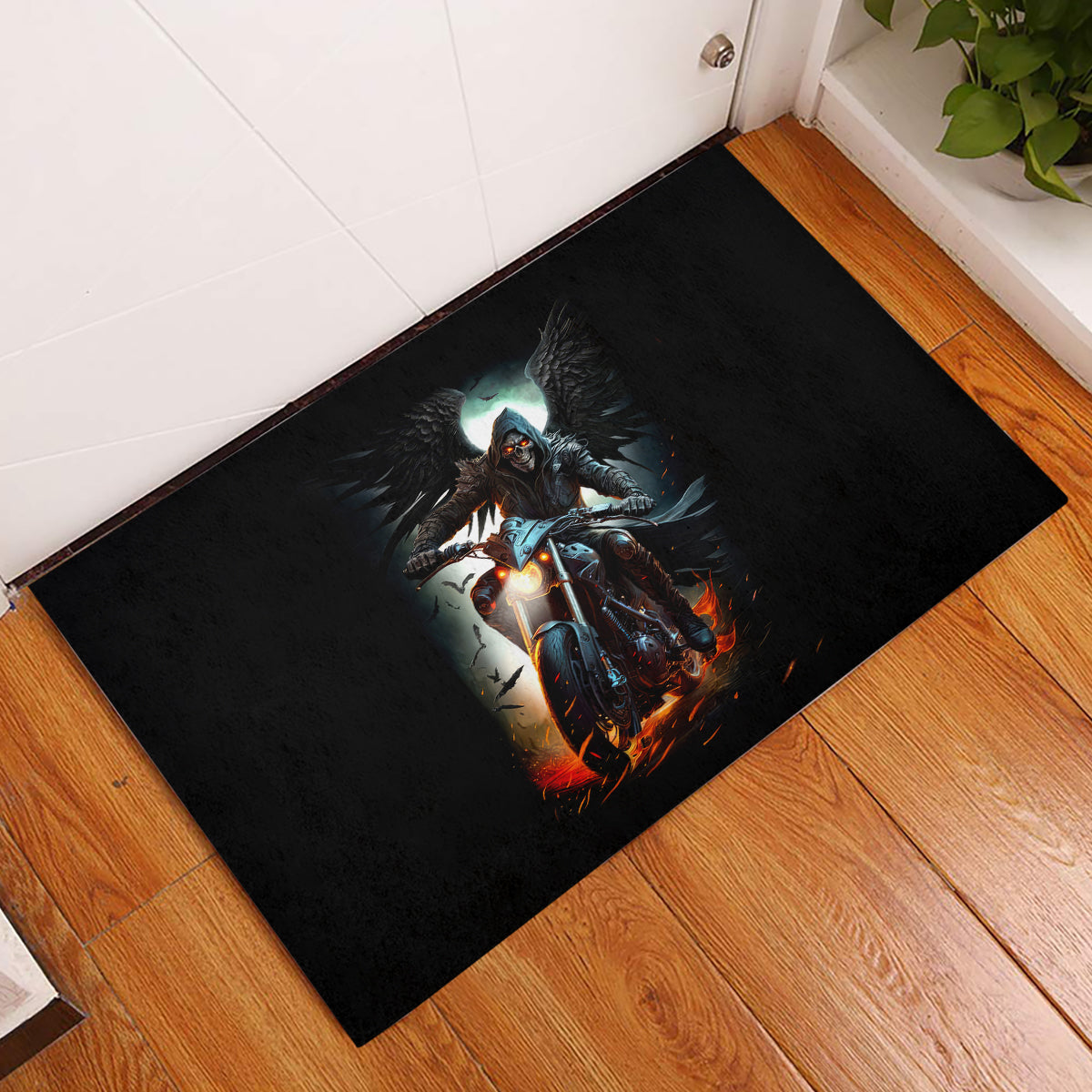 Flaming Skull Rubber Doormat Celestial Riders with Angel Wings - Wonder Print Shop