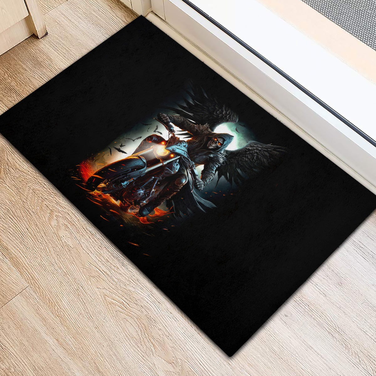 Flaming Skull Rubber Doormat Celestial Riders with Angel Wings - Wonder Print Shop
