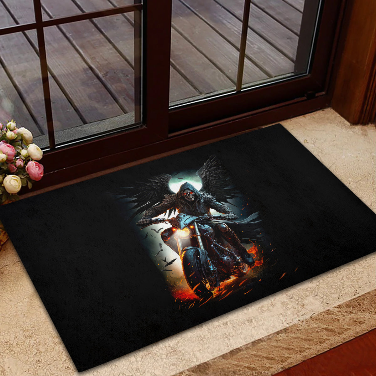 Flaming Skull Rubber Doormat Celestial Riders with Angel Wings - Wonder Print Shop