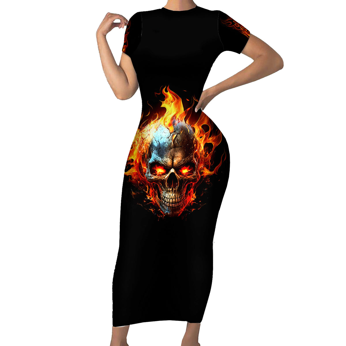 Flaming Skull Short Sleeve Bodycon Dress Celestial Riders with Angel Wings - Wonder Print Shop