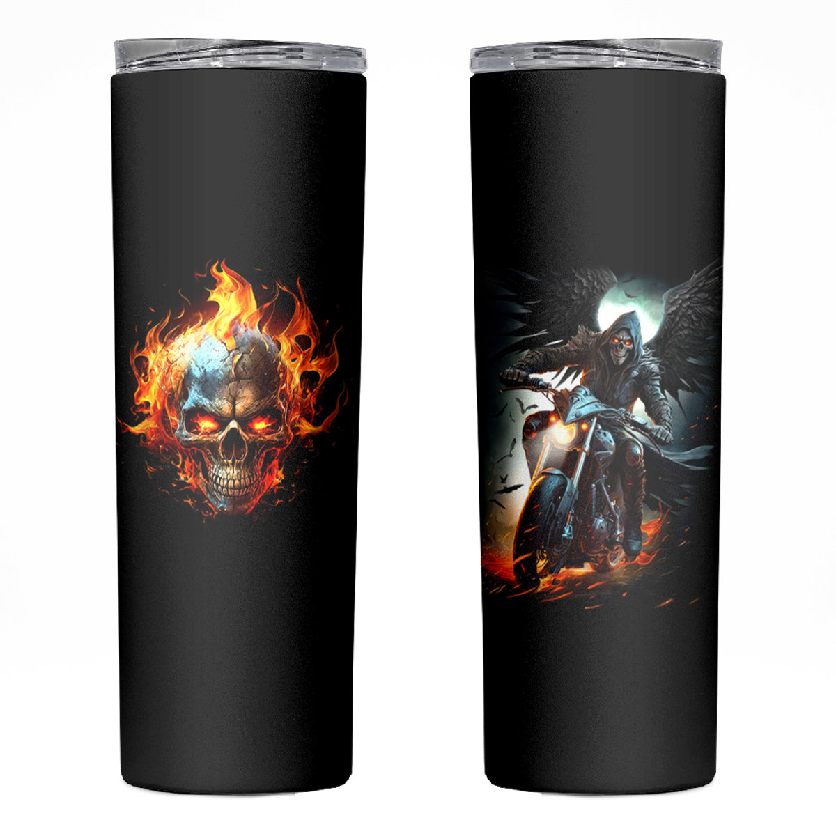 Flaming Skull Skinny Tumbler Celestial Riders with Angel Wings - Wonder Print Shop
