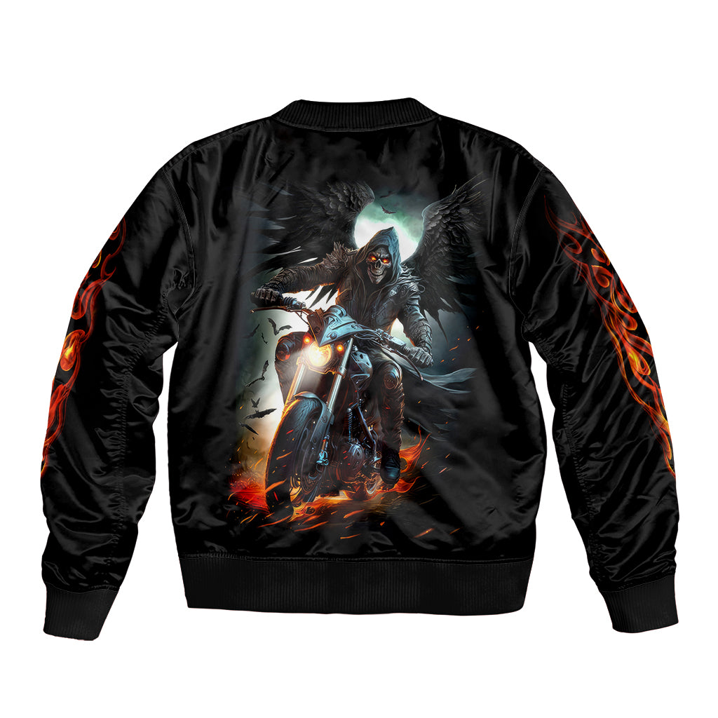 Flaming Skull Sleeve Zip Bomber Jacket Celestial Riders with Angel Wings - Wonder Print Shop