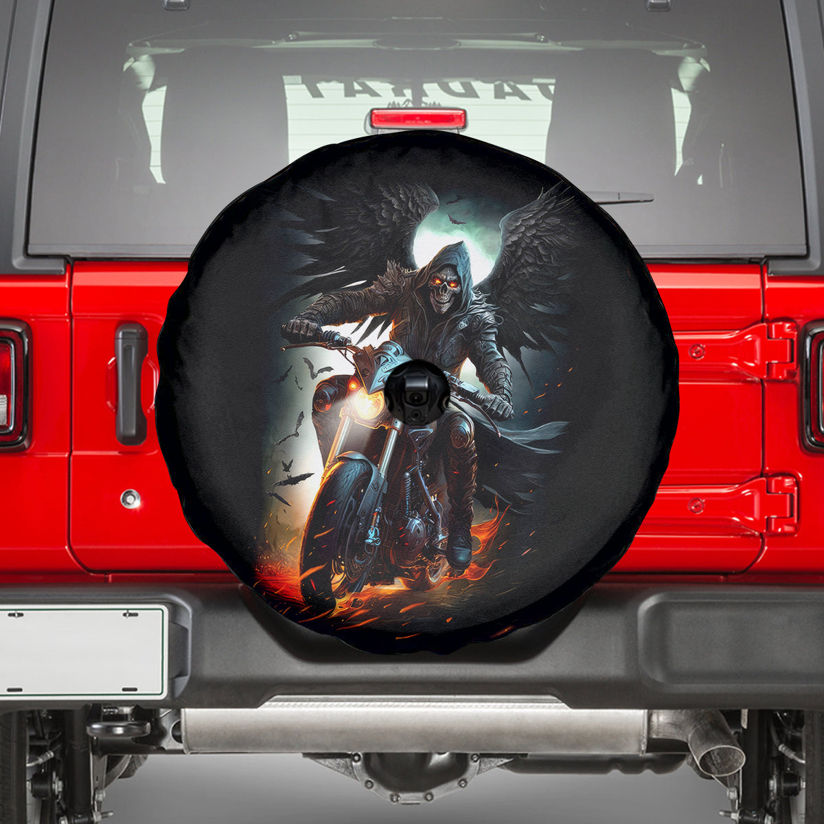 Flaming Skull Spare Tire Cover Celestial Riders with Angel Wings - Wonder Print Shop