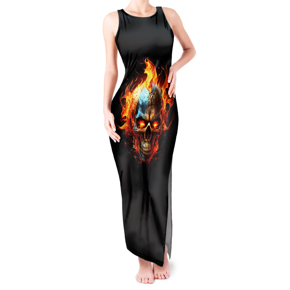 Flaming Skull Tank Maxi Dress Celestial Riders with Angel Wings - Wonder Print Shop