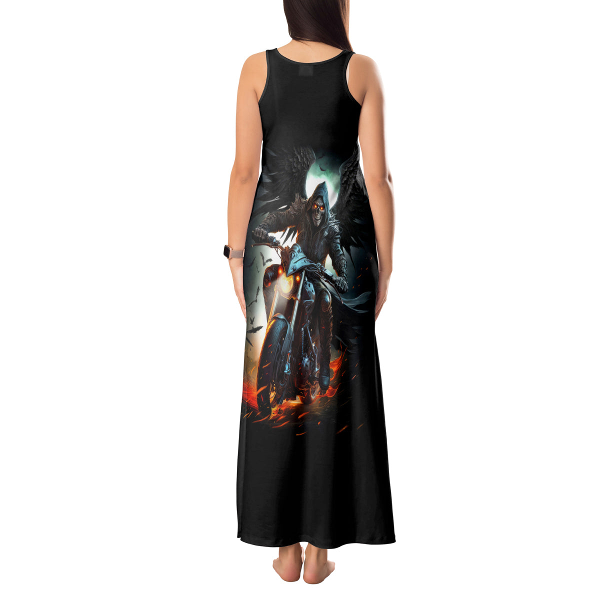Flaming Skull Tank Maxi Dress Celestial Riders with Angel Wings - Wonder Print Shop