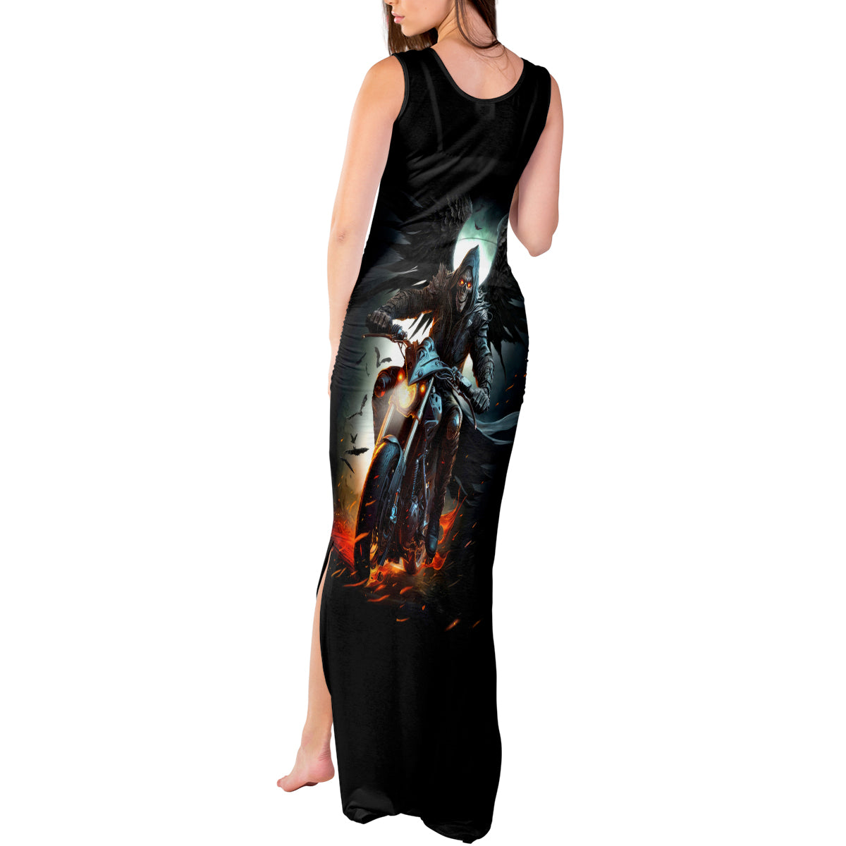 Flaming Skull Tank Maxi Dress Celestial Riders with Angel Wings - Wonder Print Shop