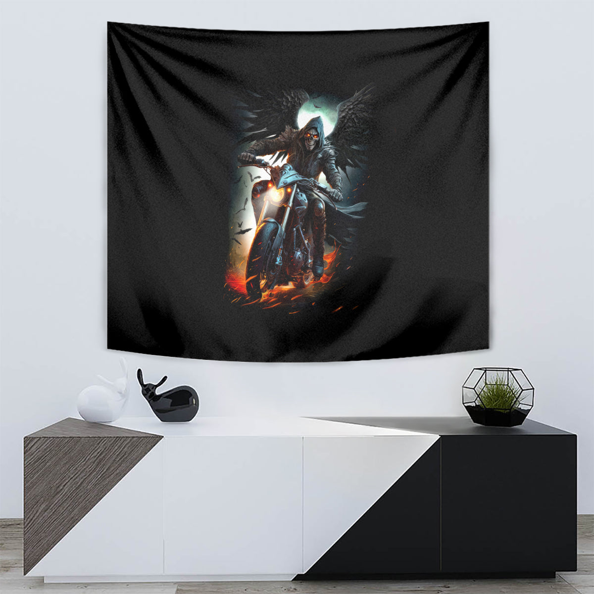 Flaming Skull Tapestry Celestial Riders with Angel Wings - Wonder Print Shop