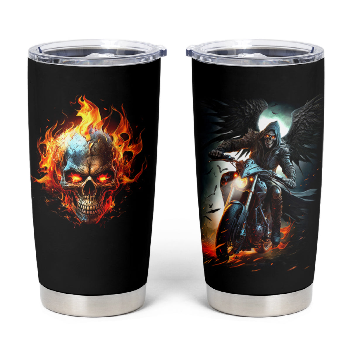 Flaming Skull Tumbler Cup Celestial Riders with Angel Wings - Wonder Print Shop
