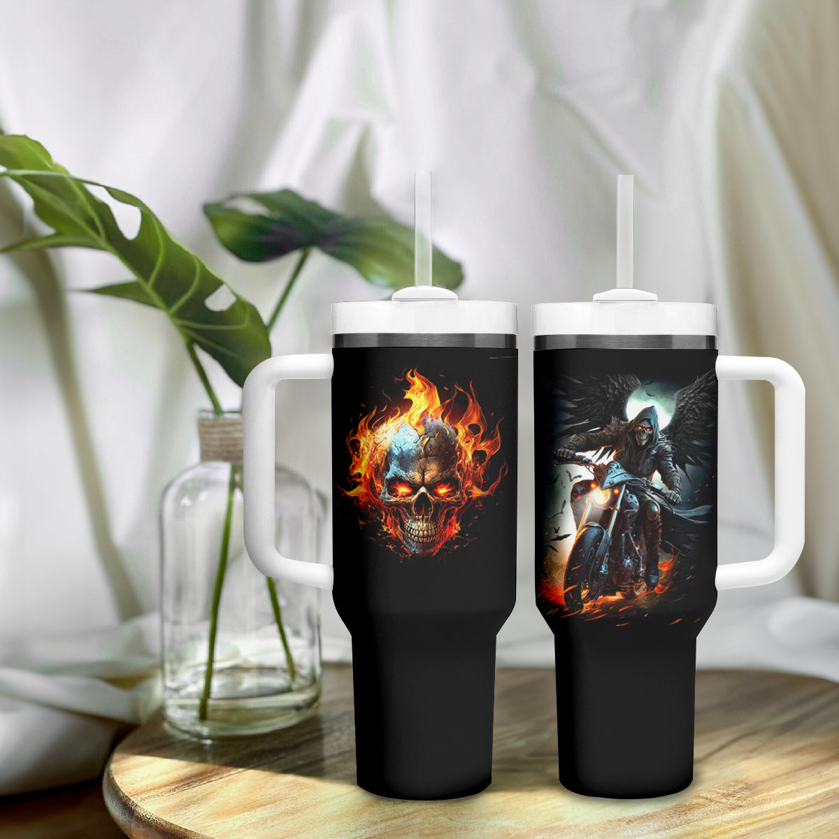 Flaming Skull Tumbler With Handle Celestial Riders with Angel Wings - Wonder Print Shop