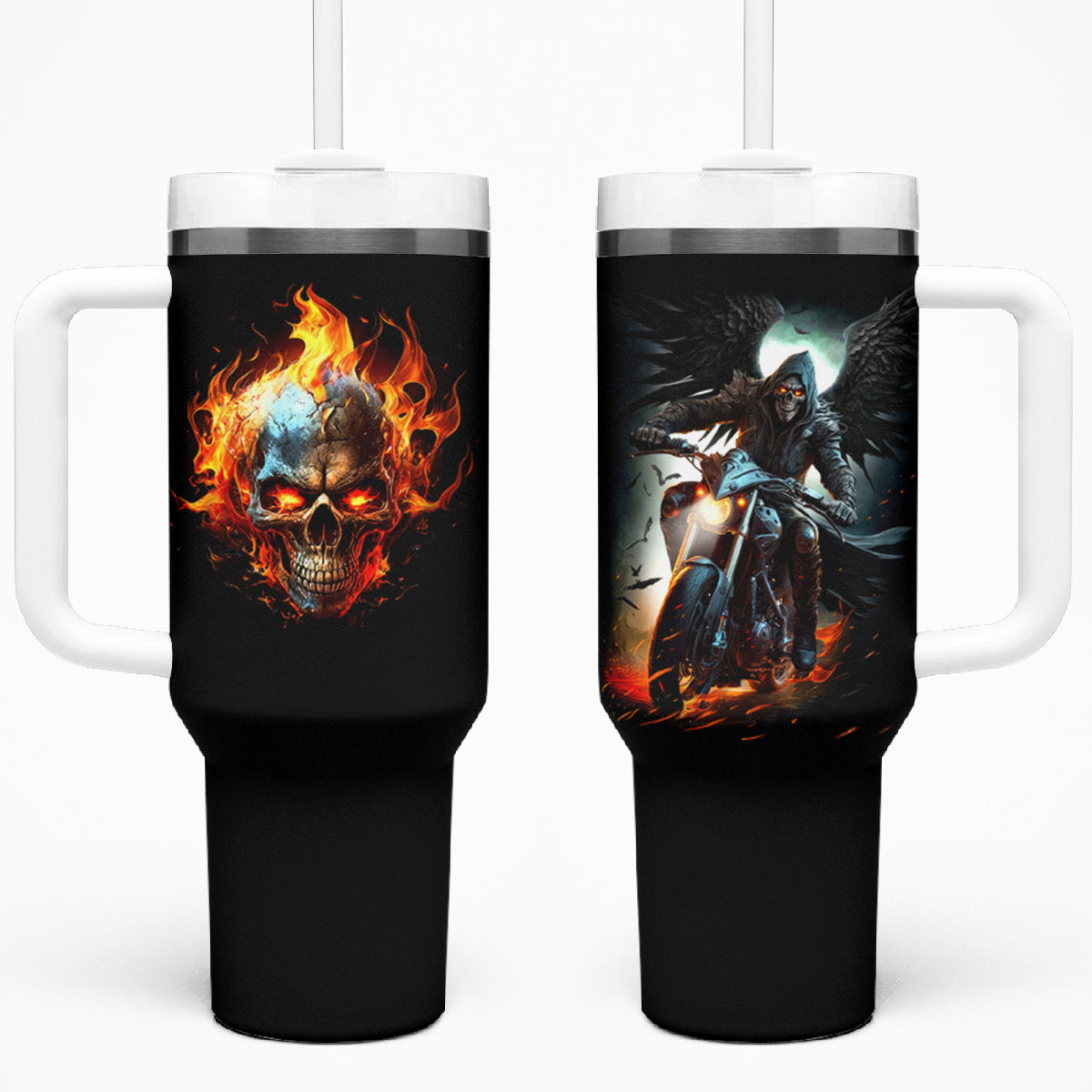 Flaming Skull Tumbler With Handle Celestial Riders with Angel Wings - Wonder Print Shop
