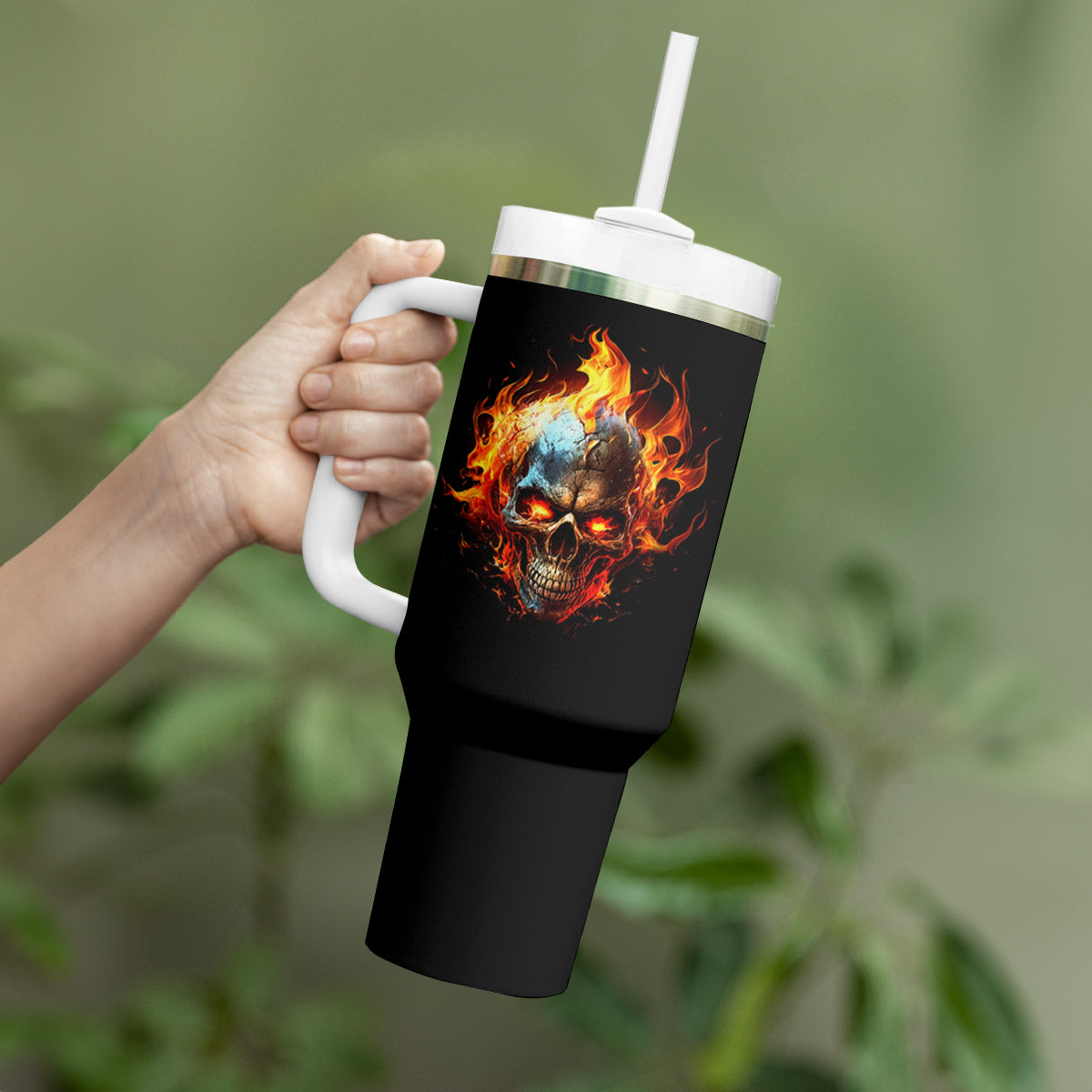 Flaming Skull Tumbler With Handle Celestial Riders with Angel Wings - Wonder Print Shop