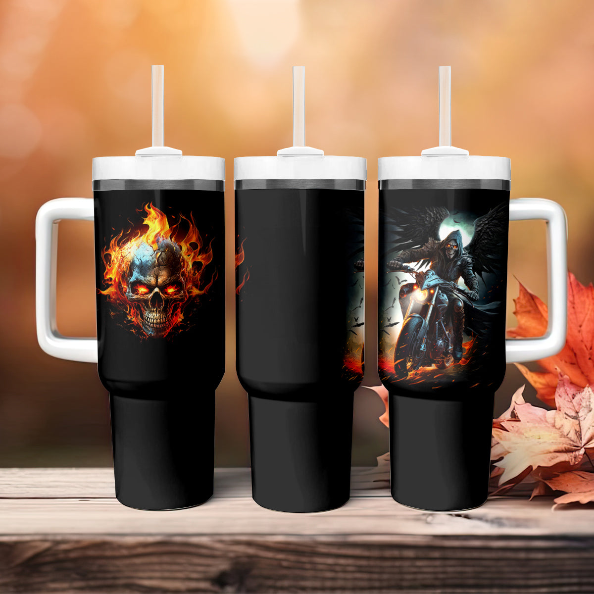 Flaming Skull Tumbler With Handle Celestial Riders with Angel Wings - Wonder Print Shop