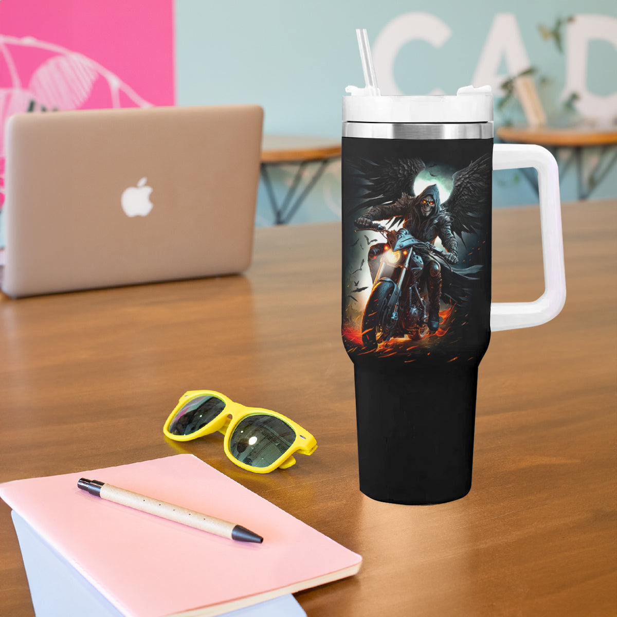 Flaming Skull Tumbler With Handle Celestial Riders with Angel Wings - Wonder Print Shop
