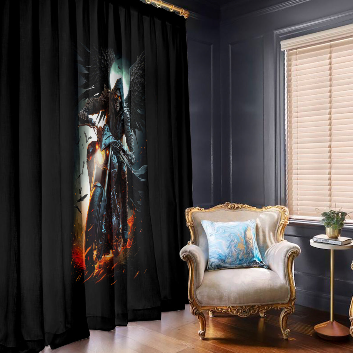 Flaming Skull Window Curtain Celestial Riders with Angel Wings - Wonder Print Shop