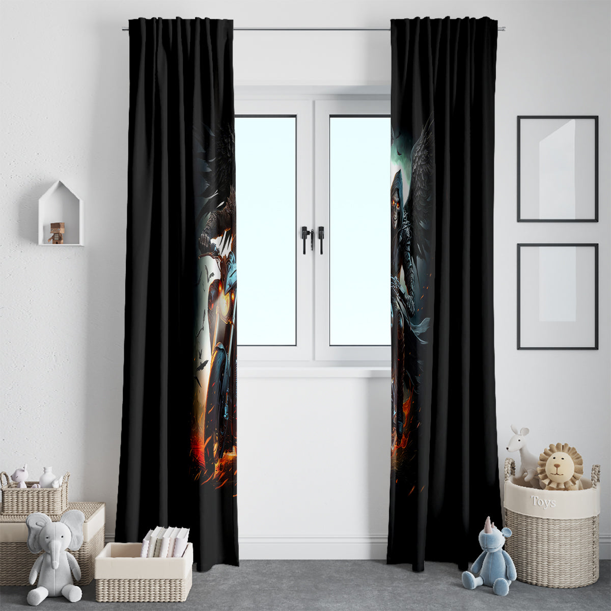 Flaming Skull Window Curtain Celestial Riders with Angel Wings - Wonder Print Shop