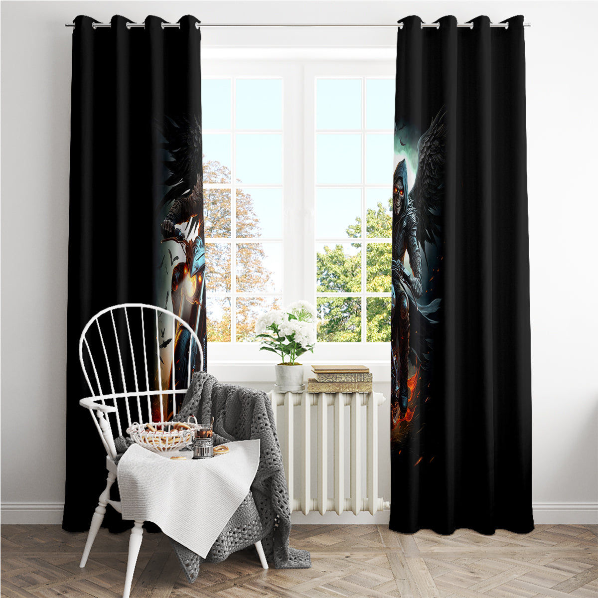 Flaming Skull Window Curtain Celestial Riders with Angel Wings - Wonder Print Shop