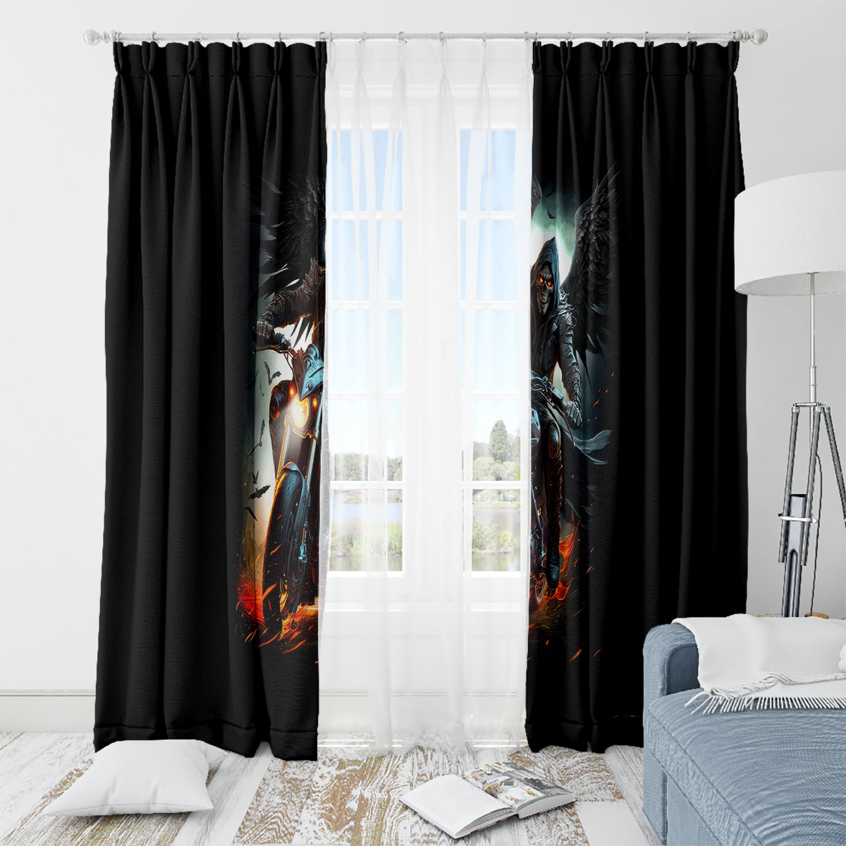 Flaming Skull Window Curtain Celestial Riders with Angel Wings - Wonder Print Shop