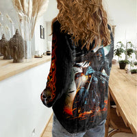 Flaming Skull Women Casual Shirt Celestial Riders with Angel Wings - Wonder Print Shop