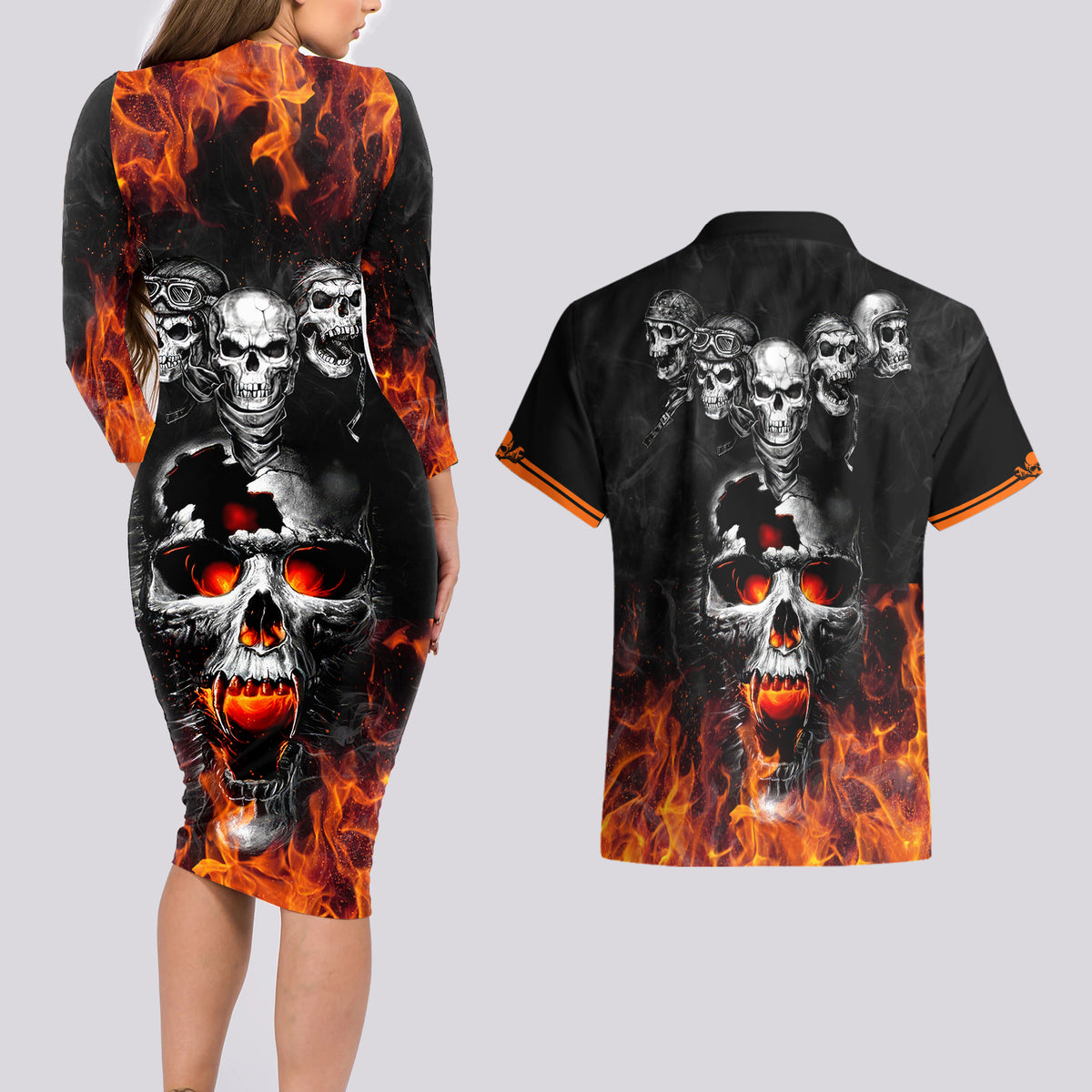 Flaming Skull Hoodie Couples Matching Long Sleeve Bodycon Dress and Hawaiian Shirt Spectral Pyre - Wonder Print Shop