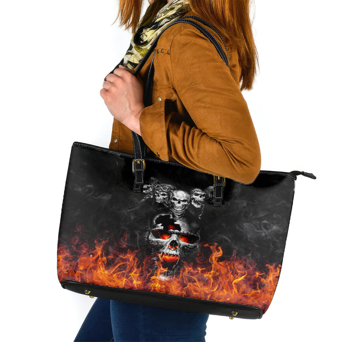 Flaming Skull Hoodie Leather Tote Bag Spectral Pyre - Wonder Print Shop