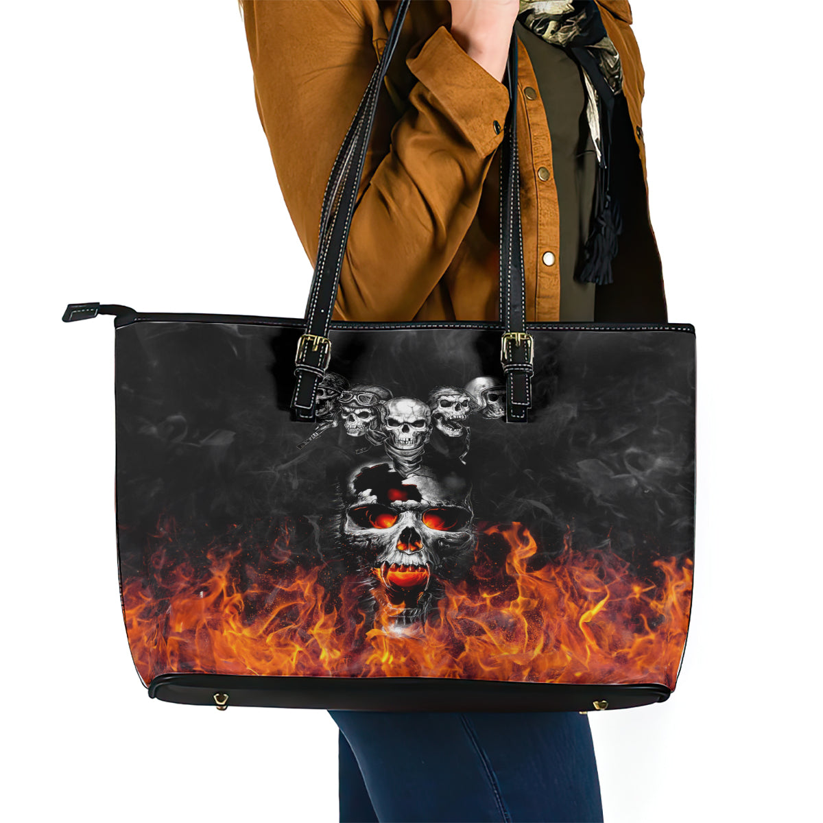 Flaming Skull Hoodie Leather Tote Bag Spectral Pyre - Wonder Print Shop