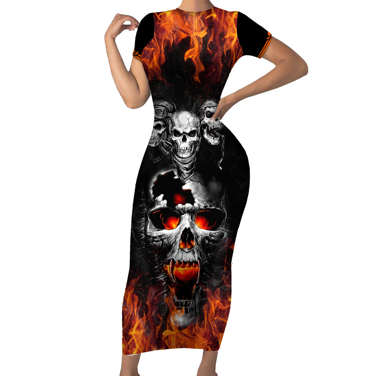 Flaming Skull Hoodie Short Sleeve Bodycon Dress Spectral Pyre - Wonder Print Shop