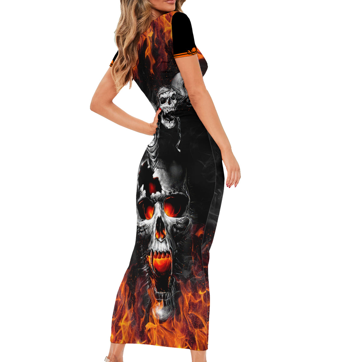 Flaming Skull Hoodie Short Sleeve Bodycon Dress Spectral Pyre - Wonder Print Shop