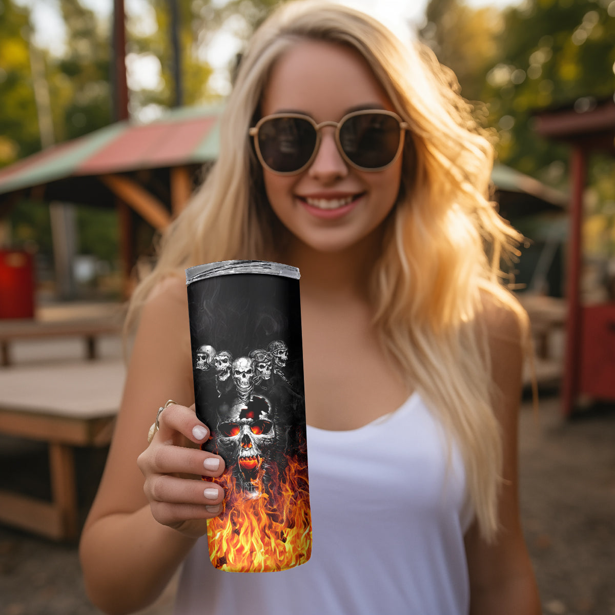 Flaming Skull Hoodie Skinny Tumbler Spectral Pyre - Wonder Print Shop