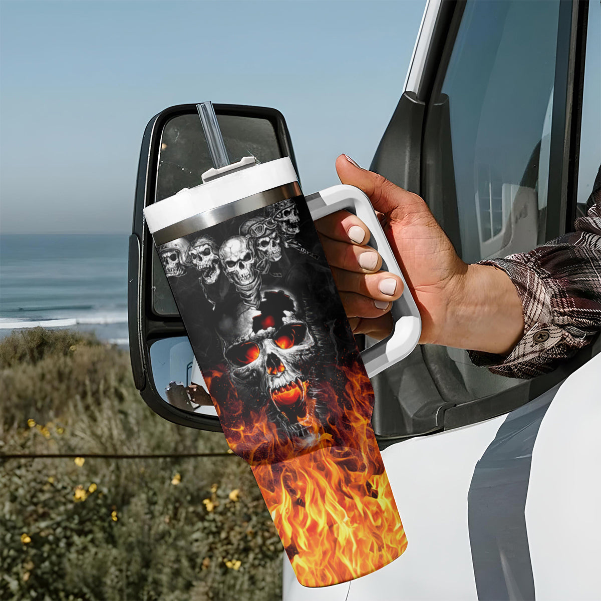 Flaming Skull Hoodie Tumbler With Handle Spectral Pyre - Wonder Print Shop