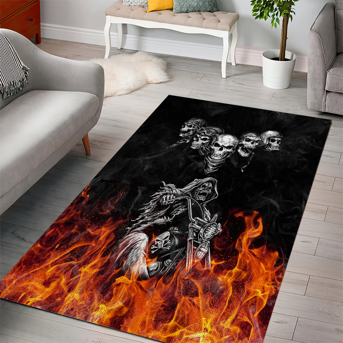 Skull Area Rug Five Skull With Motocycle - Wonder Print Shop