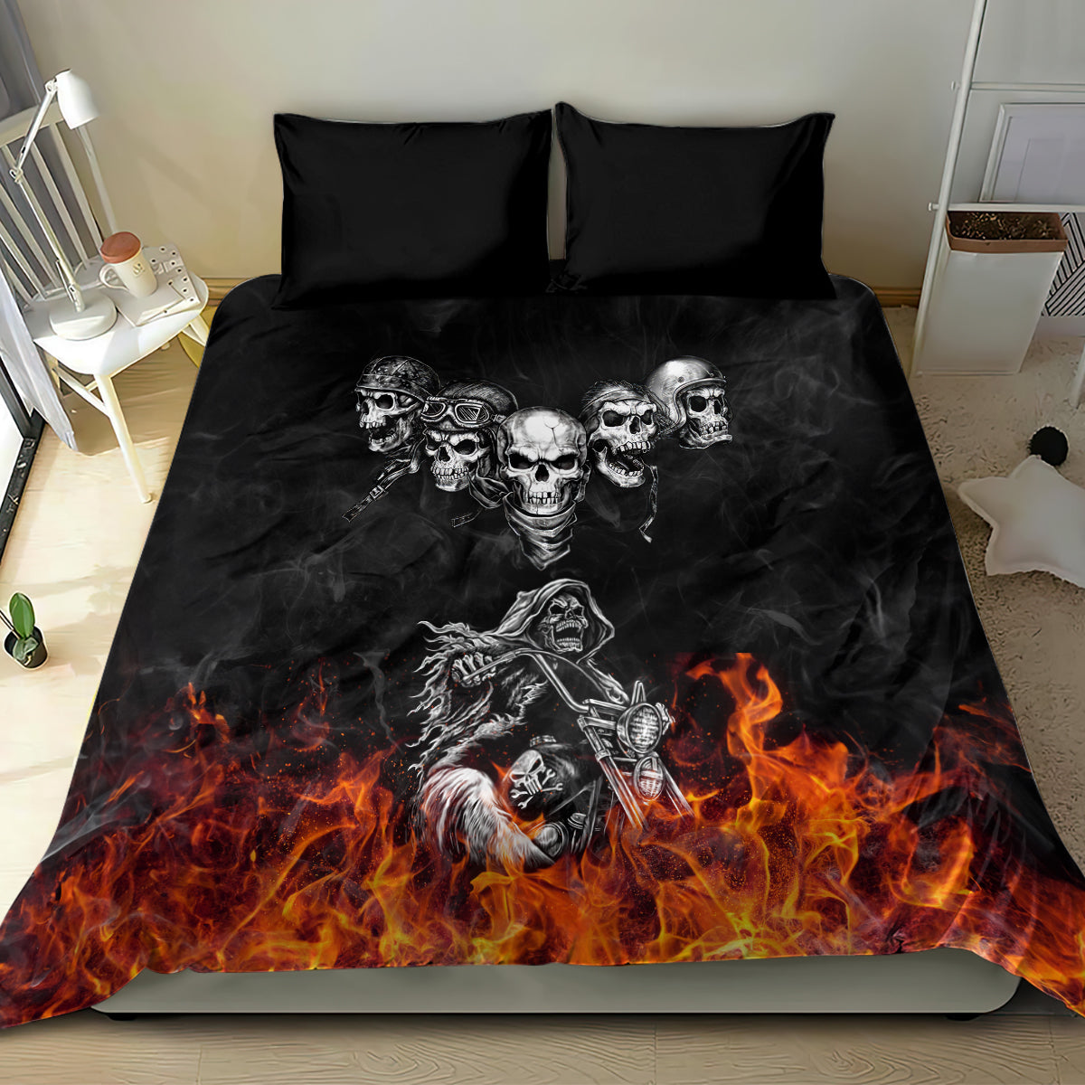 Skull Bedding Set Five Skull With Motocycle - Wonder Print Shop