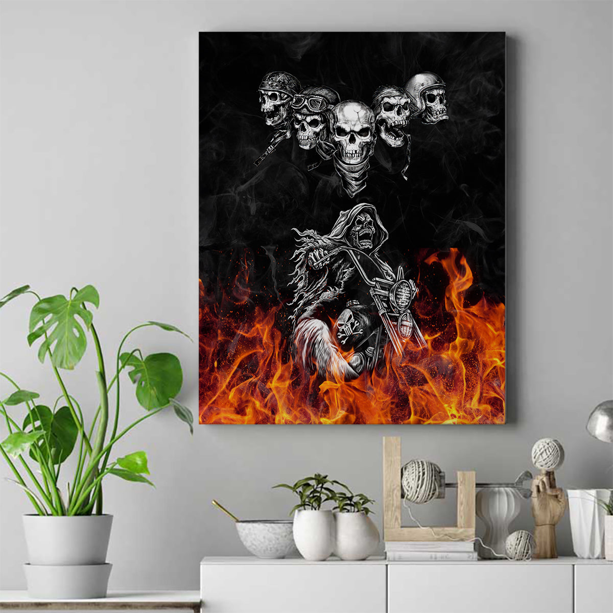 Skull Canvas Wall Art Five Skull With Motocycle - Wonder Print Shop