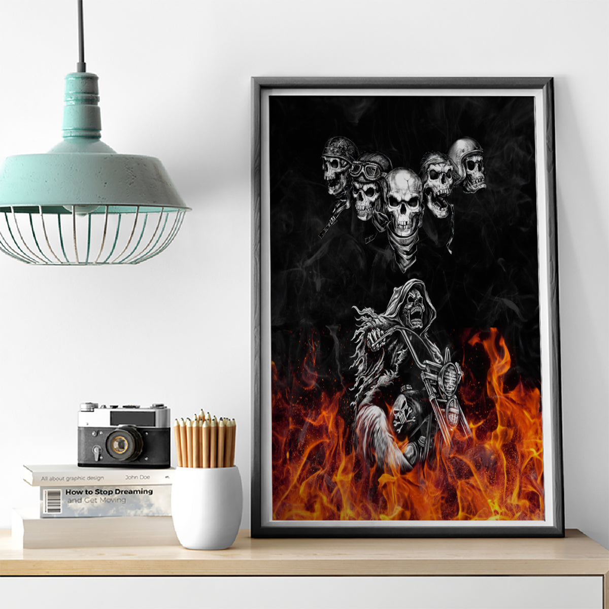 Skull Canvas Wall Art Five Skull With Motocycle - Wonder Print Shop