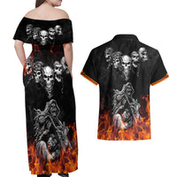 Skull Couples Matching Off Shoulder Maxi Dress and Hawaiian Shirt Five Skull With Motocycle - Wonder Print Shop
