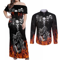 Skull Couples Matching Off Shoulder Maxi Dress and Long Sleeve Button Shirts Five Skull With Motocycle - Wonder Print Shop