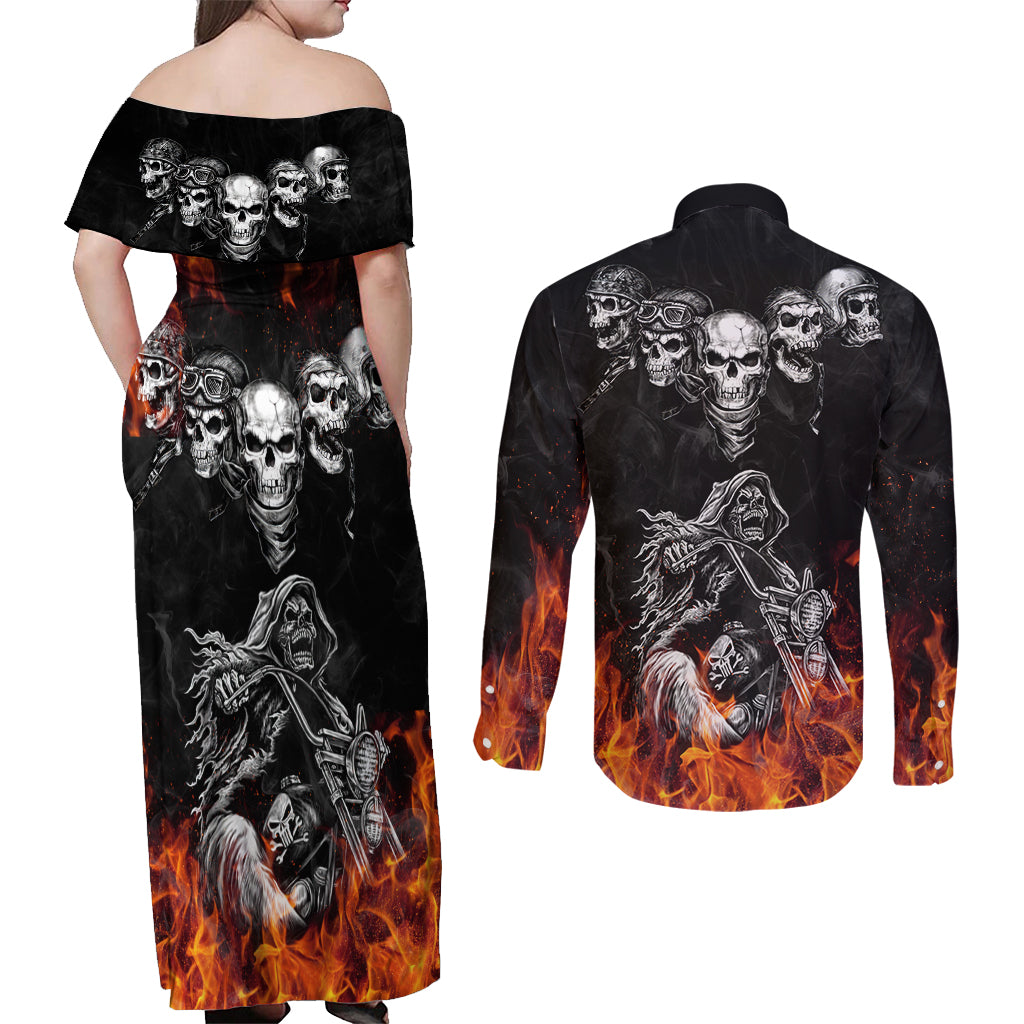 Skull Couples Matching Off Shoulder Maxi Dress and Long Sleeve Button Shirts Five Skull With Motocycle - Wonder Print Shop