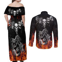 Skull Couples Matching Off Shoulder Maxi Dress and Long Sleeve Button Shirts Five Skull With Motocycle - Wonder Print Shop