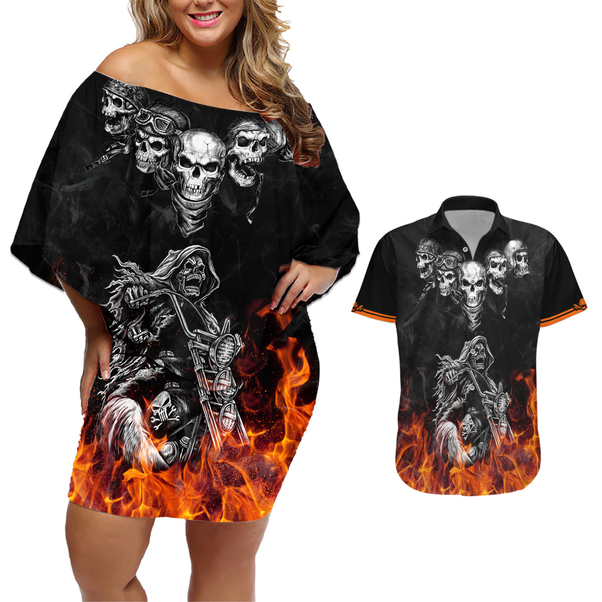 Skull Couples Matching Off Shoulder Short Dress and Hawaiian Shirt Five Skull With Motocycle - Wonder Print Shop