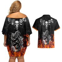 Skull Couples Matching Off Shoulder Short Dress and Hawaiian Shirt Five Skull With Motocycle - Wonder Print Shop