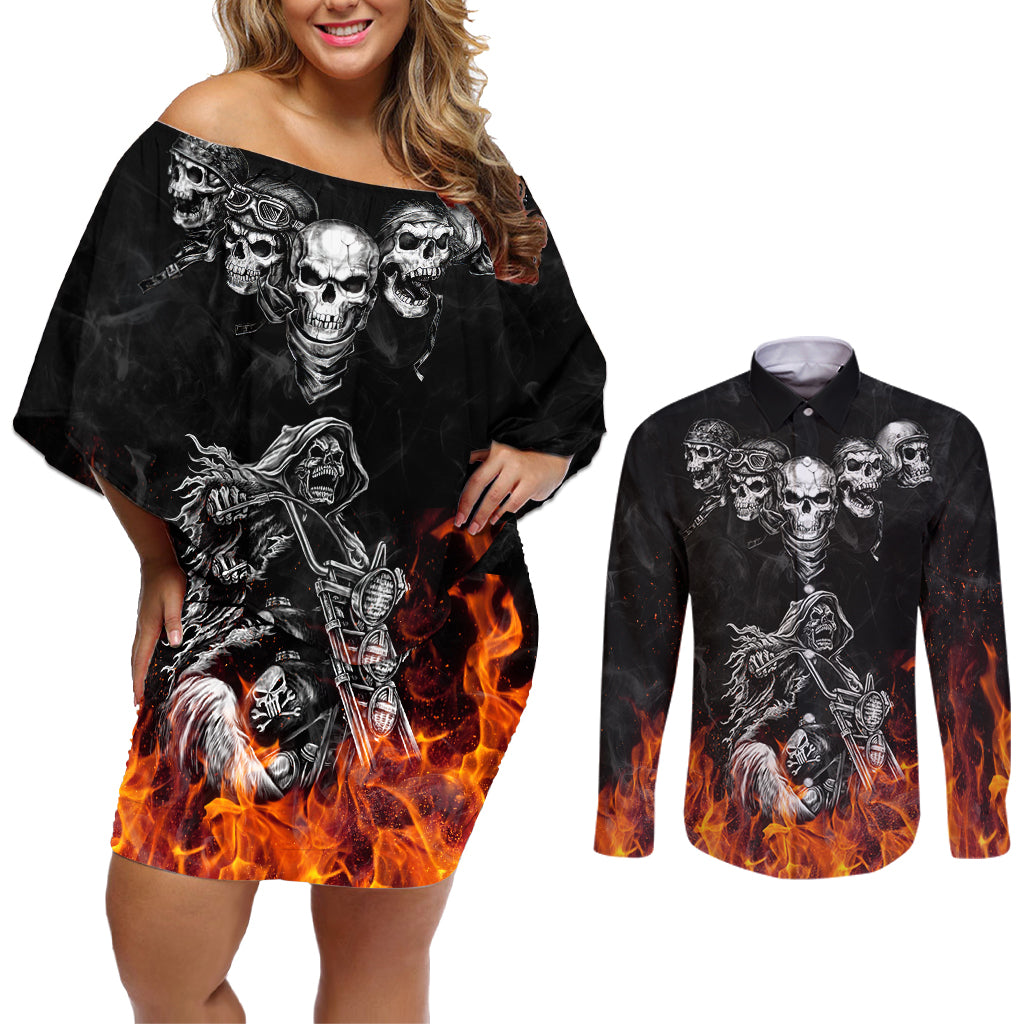 Skull Couples Matching Off Shoulder Short Dress and Long Sleeve Button Shirts Five Skull With Motocycle - Wonder Print Shop