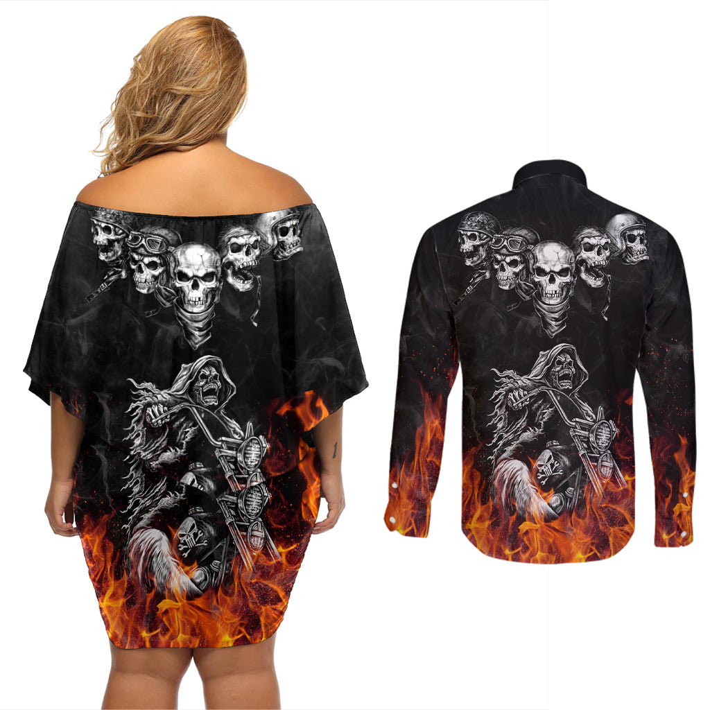 Skull Couples Matching Off Shoulder Short Dress and Long Sleeve Button Shirts Five Skull With Motocycle - Wonder Print Shop
