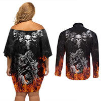 Skull Couples Matching Off Shoulder Short Dress and Long Sleeve Button Shirts Five Skull With Motocycle - Wonder Print Shop