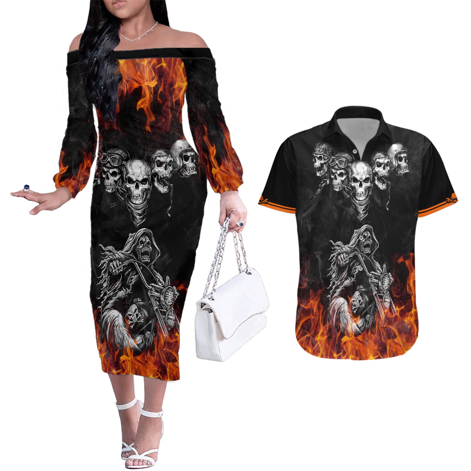 Skull Couples Matching Off The Shoulder Long Sleeve Dress and Hawaiian Shirt Five Skull With Motocycle - Wonder Print Shop